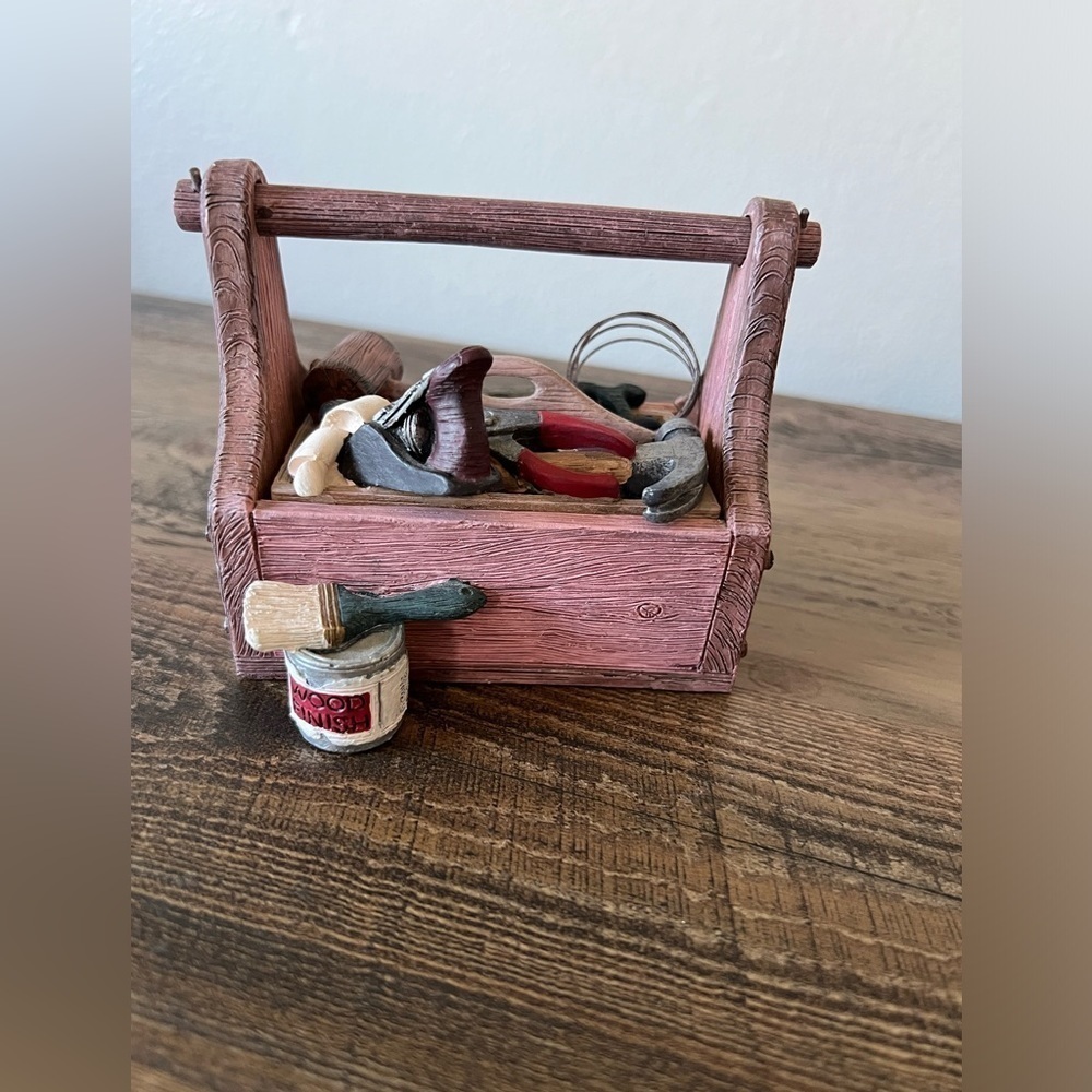 Vintage Figi carpenter Workshop Box Figurine Trinket Box with Lid tools resin